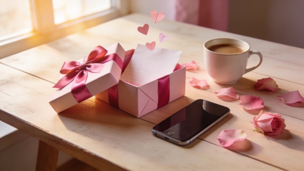 Caixa de presente rosa aberta com um bilhete de amor e corações de papel, ao lado de um celular e pétalas de rosa